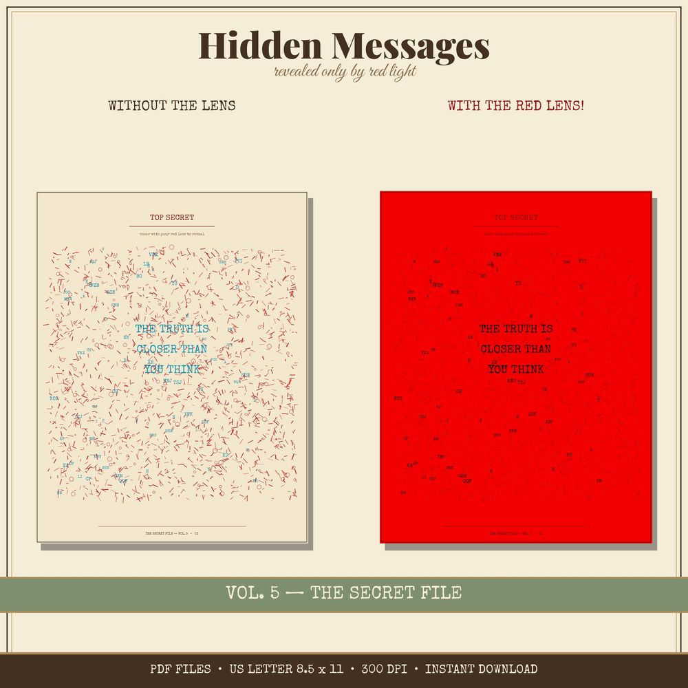 Secret file pages with hidden red-lens messages