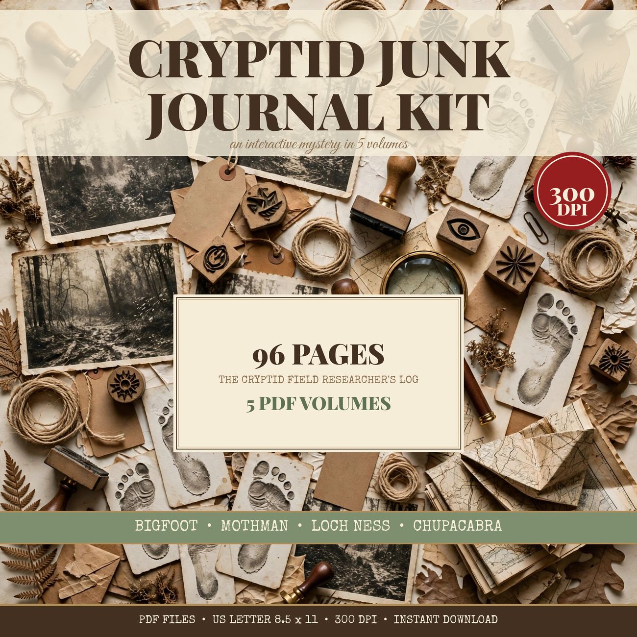 Cryptid Field Researcher's Log junk journal kit — 96 printable pages