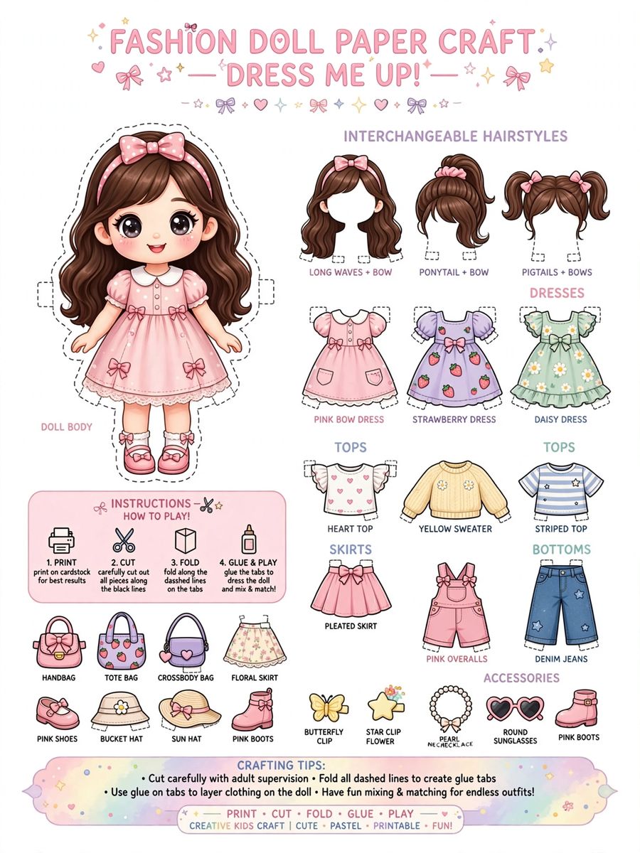 Kawaii dress-up paper doll printable with interchangeable outfits
